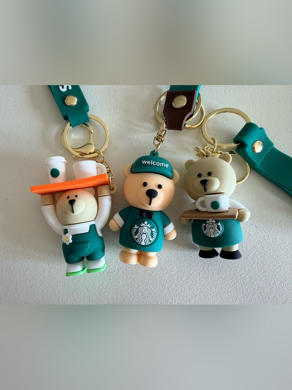 Starbucks Teal Bear Keychain Trio with Gold Hardware